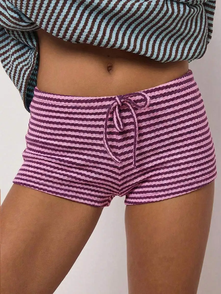 

High-Waisted Striped Knit Shorts With Front Tie Detail For Women