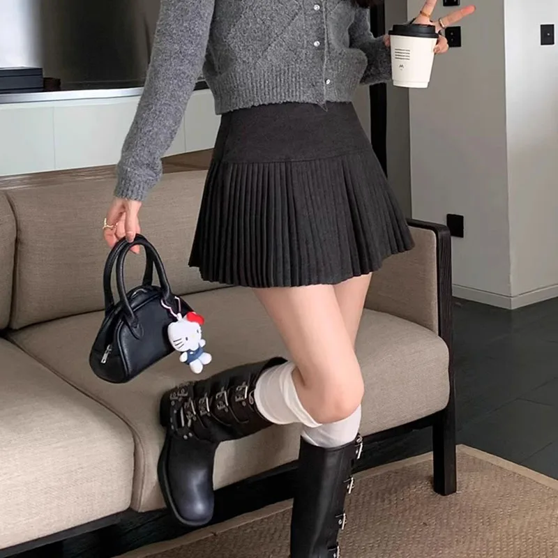 여성 가을 ​​새로운 모직 플리츠 스커트 한국어 하이 웨이스트 슬리밍 미니 스커트 여성 편안한 신축성 데일리 a 라인 스커트