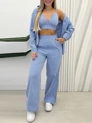 3PCS Striped Crop Cami Top & Pocket Design Pants Set with Buttoned Coat