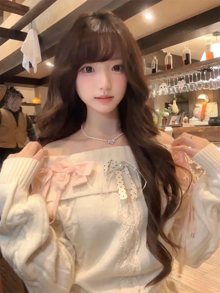 

Sweet Sle Knitted One-oulder Sweater Women's Winter New Knot Aosphere Feeling Overhead Polyester Fiber Long S...