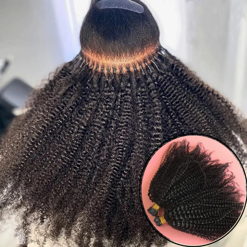 4B 4C Afro Kinky Curly Human Hair I Tips Microlinks Brazilian Remy Hair Extensions Hair I Nail Tips Black Color For Women