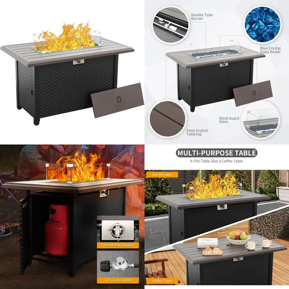 

Открытый 45-дюймовый стальной газовый стол для пожара с 60 000 БТЕ, грилем, настольным стеклом и ветрозащитой