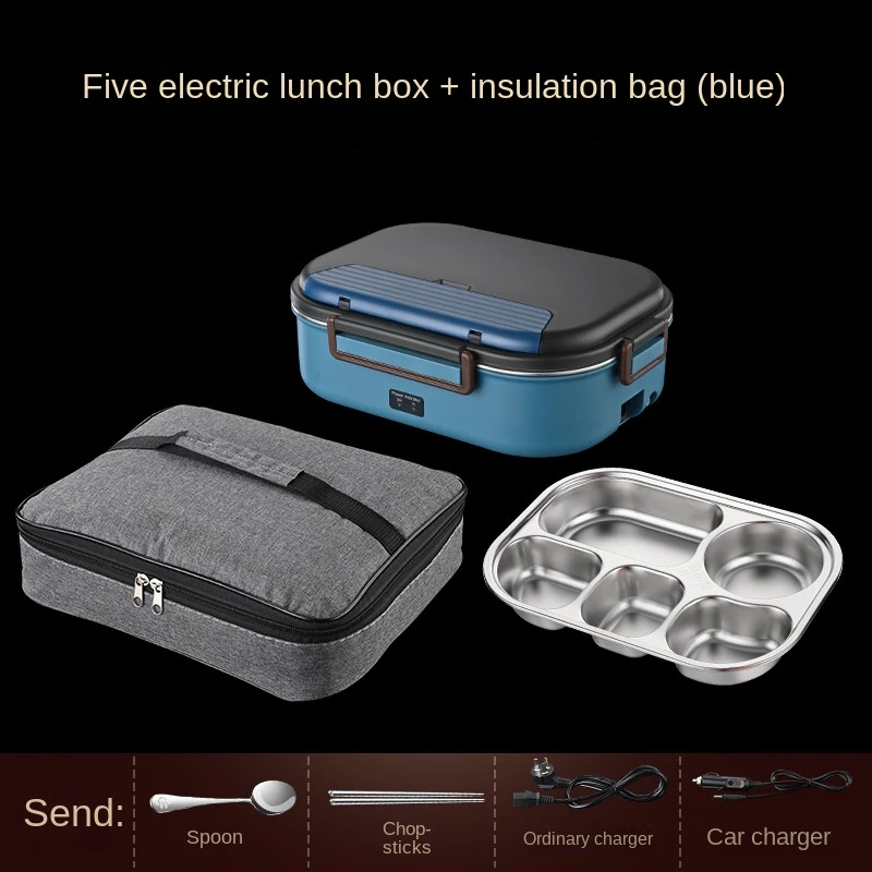 Portable 5 Grids Stainless Steel Dinner Plate Electrically Heated Lunch Boxes and Insulated Bags Set Spoons Chopsticks & Charger