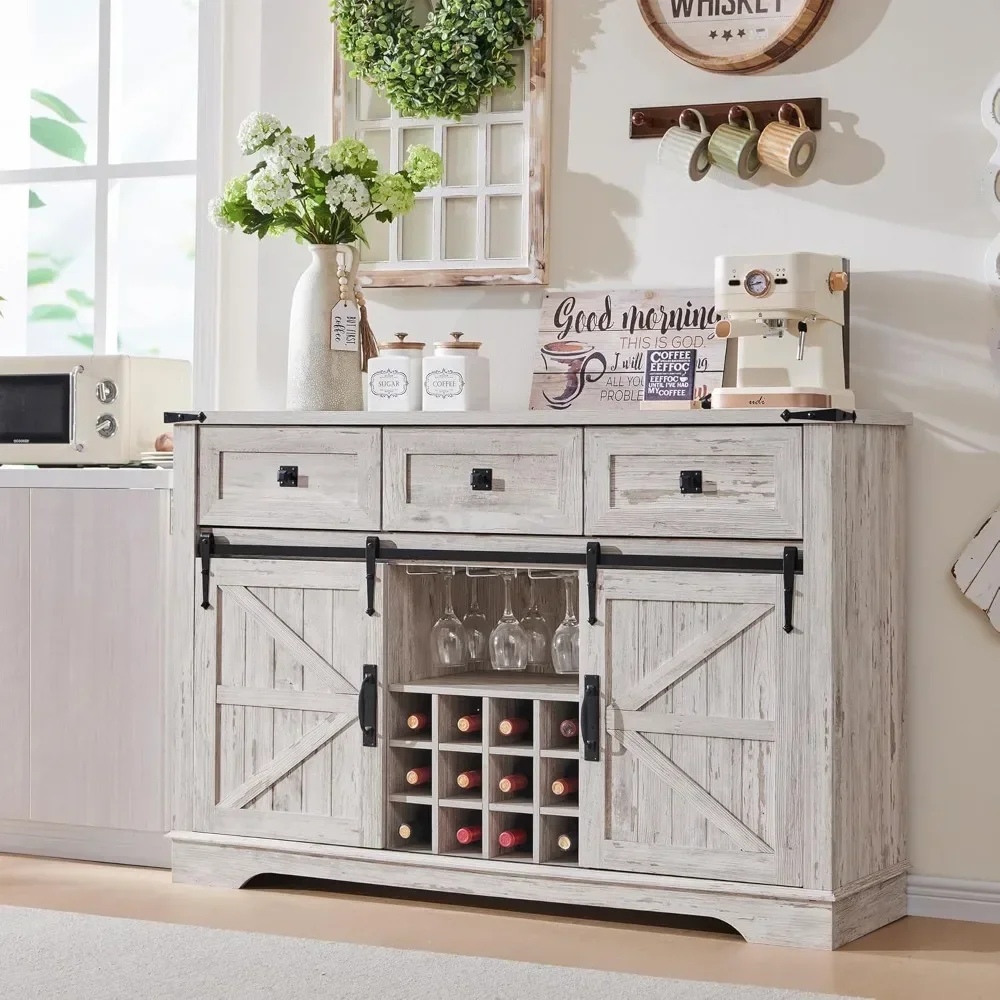 

Wine Bar Cabinet W/Sliding Barn Door, 54" Kitchen Coffee Bar Cabinet W/Wine & Glass Rack, 3 Drawers, Large Buffet Sideboard