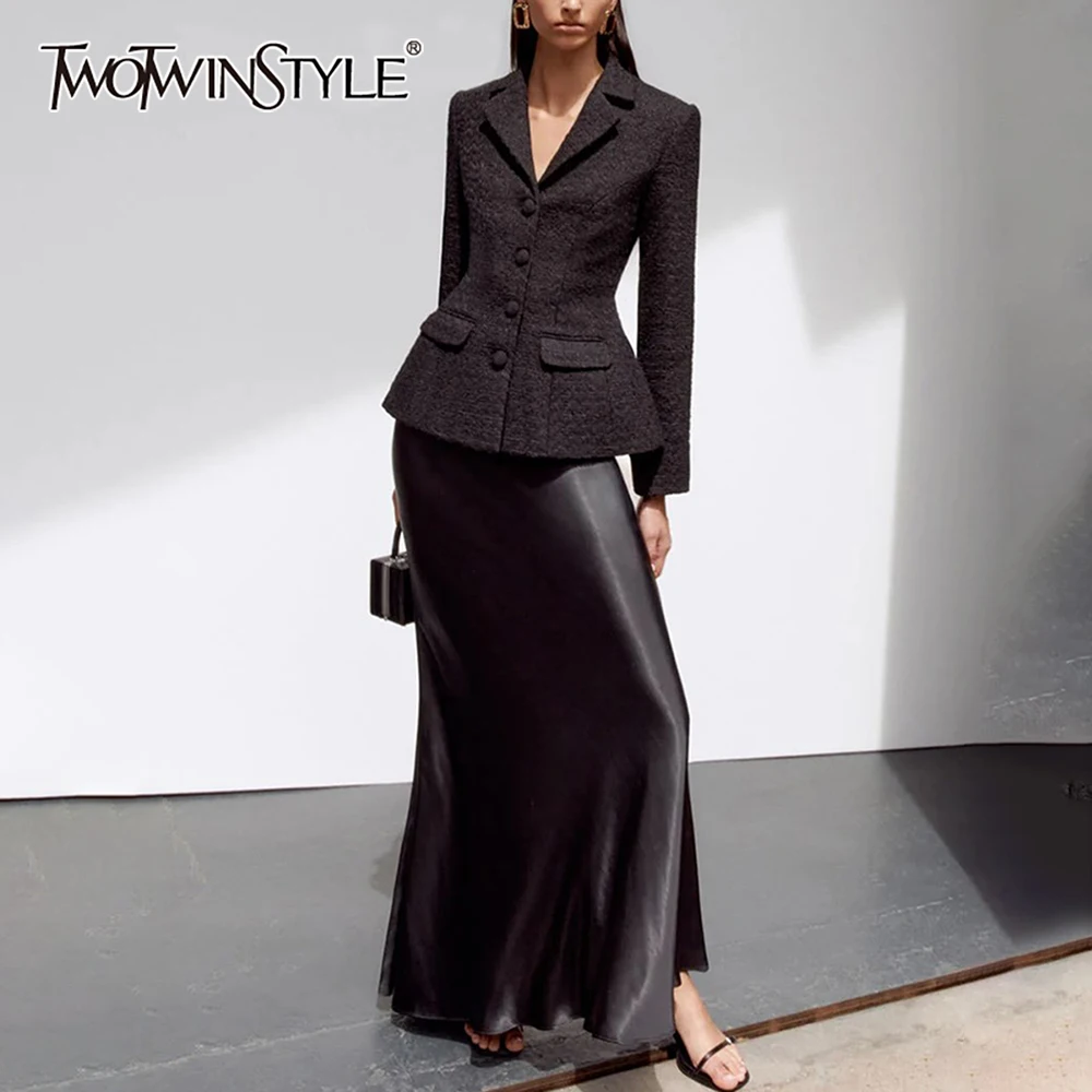 

TWOTWINSTYLE Solid Two Piece Sets for Women Lapel Long Sleeves Tunic Spliced Button Jacket High Waist Skirt Elegant Set Female