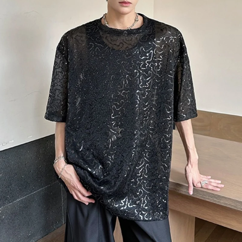 Sexy Perspective Shiny Sequin Striped Men's T-shirt Club Stage Dance Short Sleeved Unisex Tee Tops Plus Size Pullover T Shirts