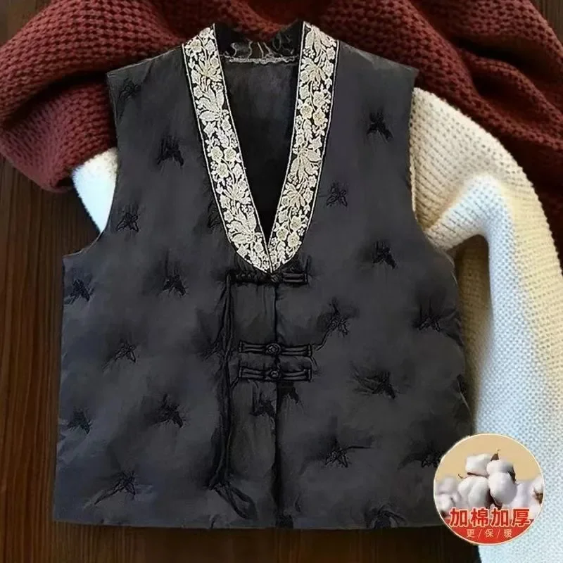 새로운 중국어 v-목 수 놓은 솔리드 컬러 느슨한 따뜻한 면화 조끼 여성 가을 ​​겨울 새로운 패딩 양복 조끼 코트