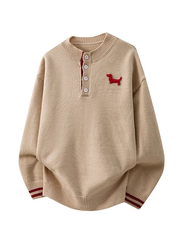

Henry Collar Knitwear Men's Winter Retro Dog Embroidery Sweater American Sle Trendy Brand Couple Overhead Yarn irt