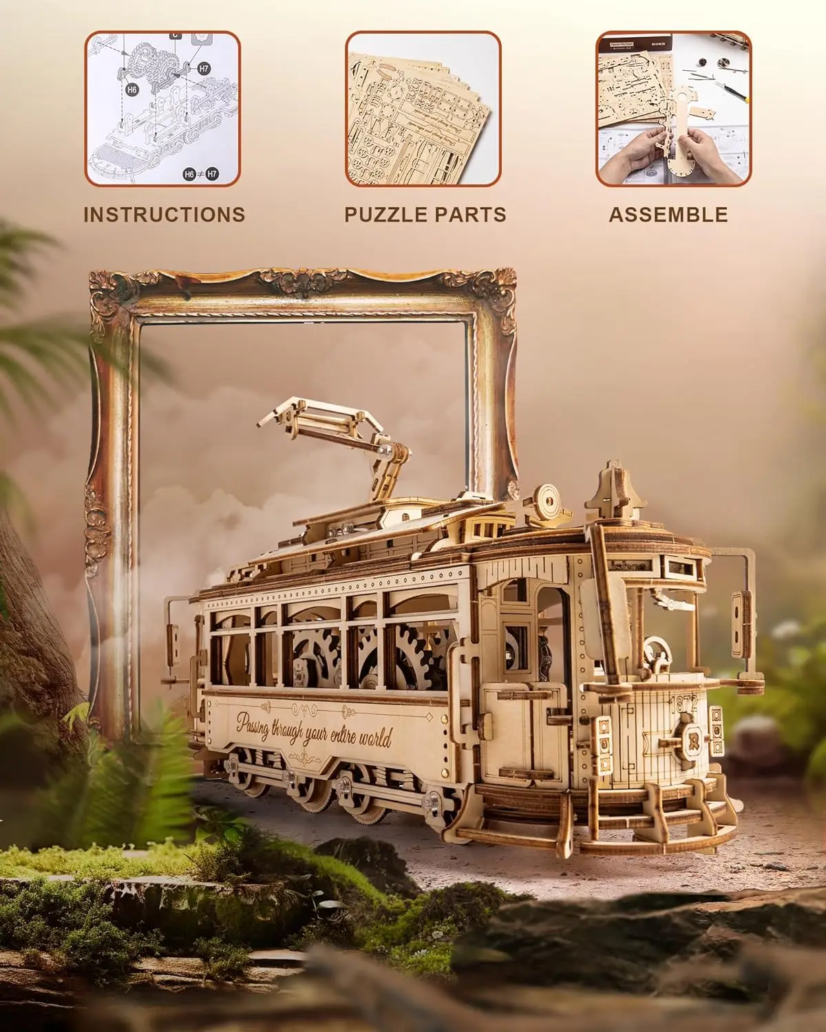 Robotime 3D Wooden Puzzles 1:24 Scale Model Car Kits Classic City Tram Unique Gift for Adults/Teens on Birthday/Christmas Day