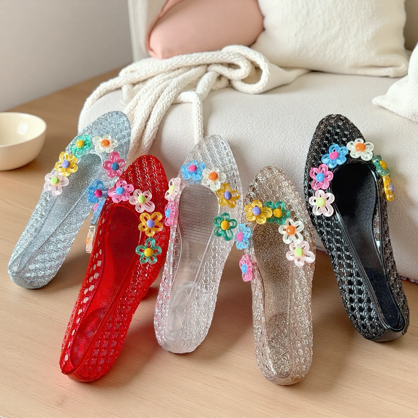 Crystal Jelly Shoes for Girl Summer Women's Pointed Toe Cut Out Flower Decoration Diy Hole Flats Shoes Women 2026 New