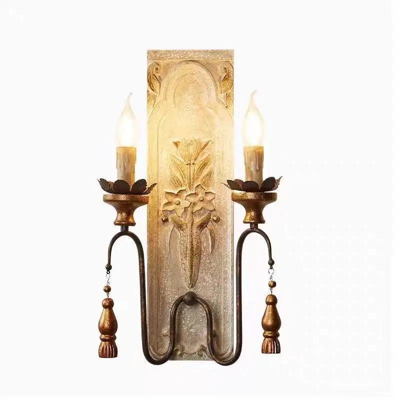 

Rural French solid wood carving retro and old wall lamp, living room dining room bedroom corridor wall lamp