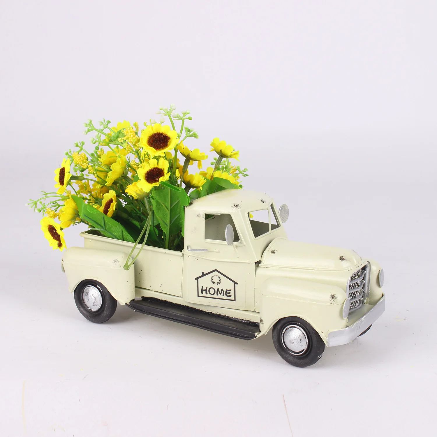 

1 шт. винтажный декор в виде белого грузовика с искусственными цветами (подсолнухи), в стиле рустик, для украшения стола, автомобиля, дома, игрушка, подарок