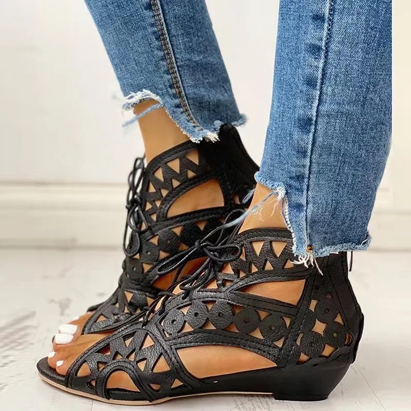 NewFashionHollow Out Women Gladiator Sandals Vintage Lace Up Low Heel Wedges Summer Shoes for Woman Open ToeZipper Women Sandals