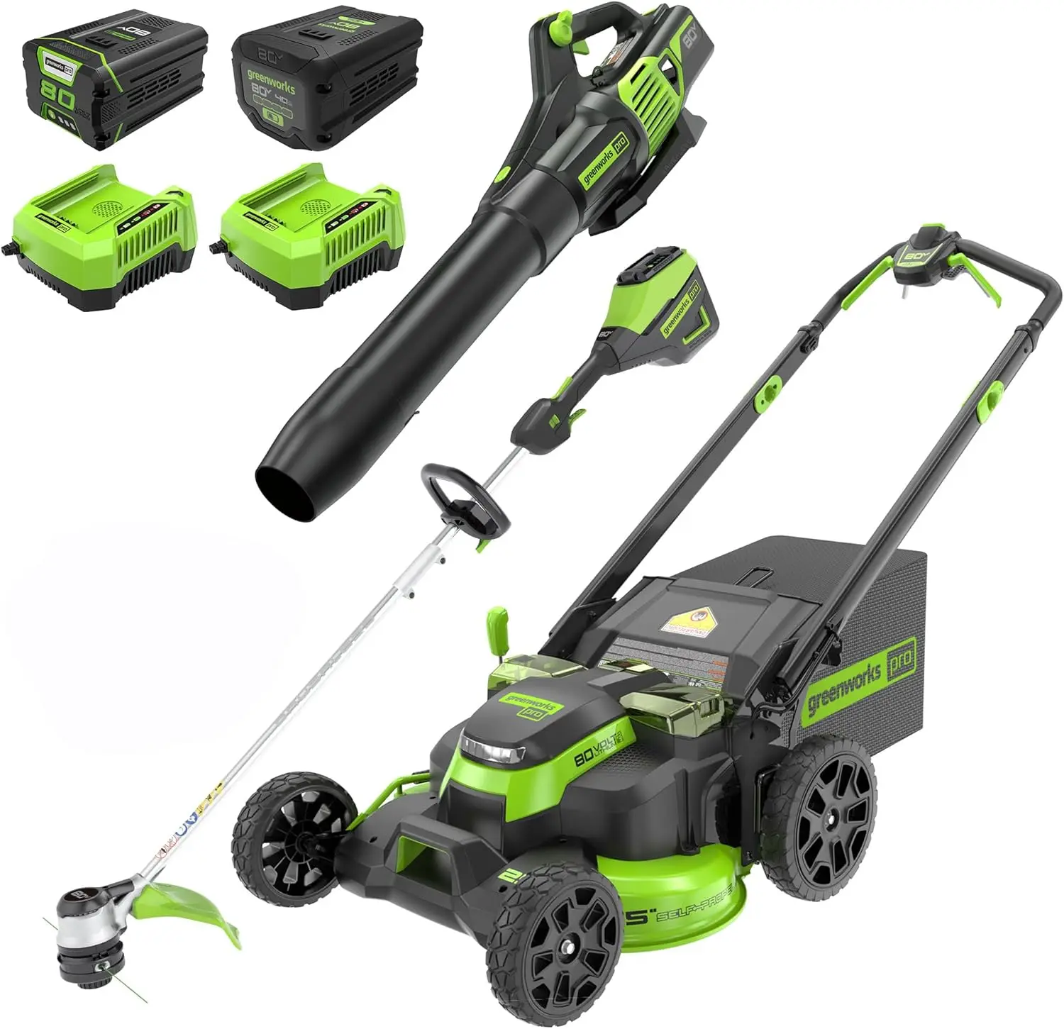 

80V 25" Cordless Battery Brushless Self-Propelled Rear Wheel Drive 3-in-1 Lawn Mower 16" String Trimmer,730 CFM Leaf Blower