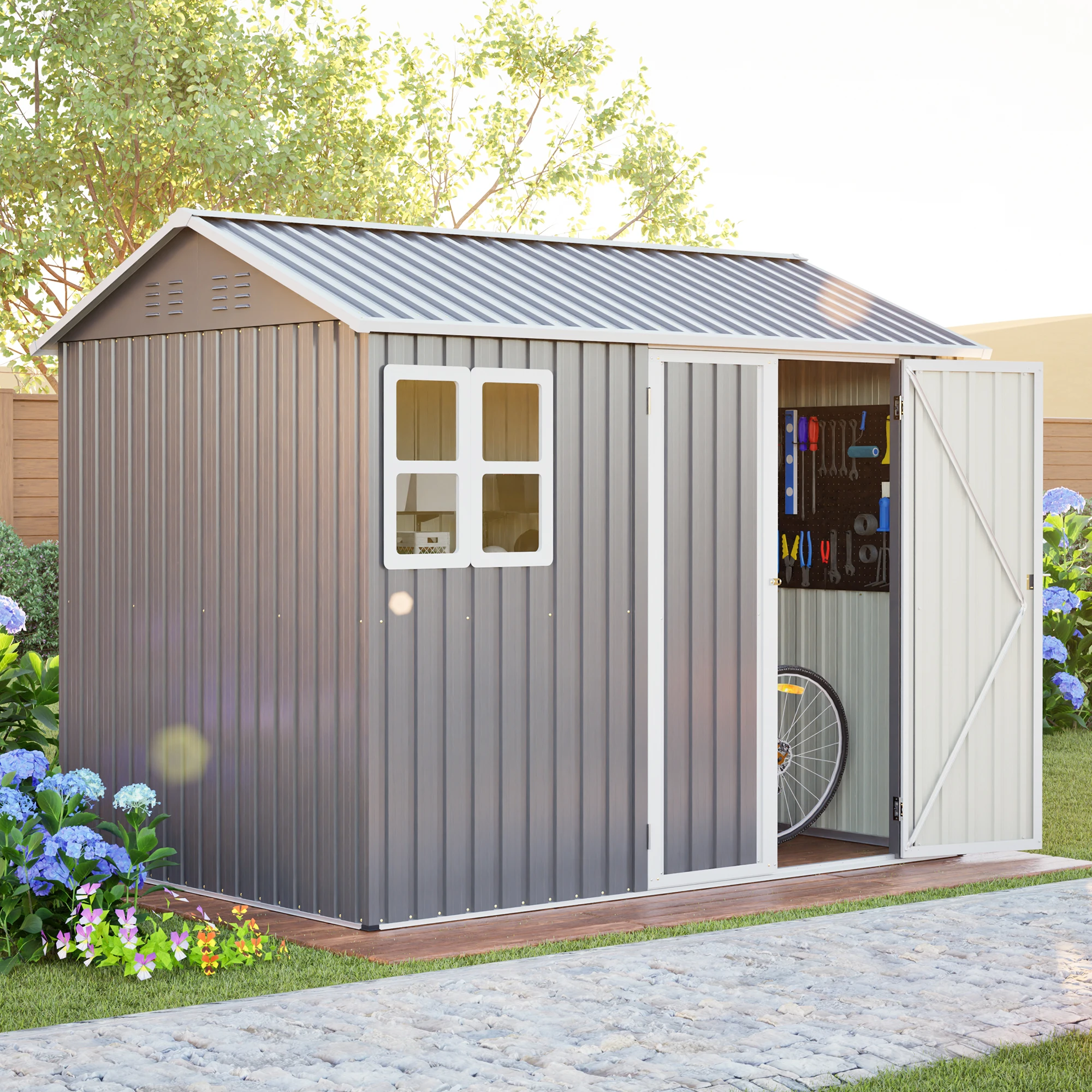 8x6 FT Storage Shed Outdoor Tool Shed with Window, Lockable Doors & Sloped Roof for Garden, Patio, Backyard
