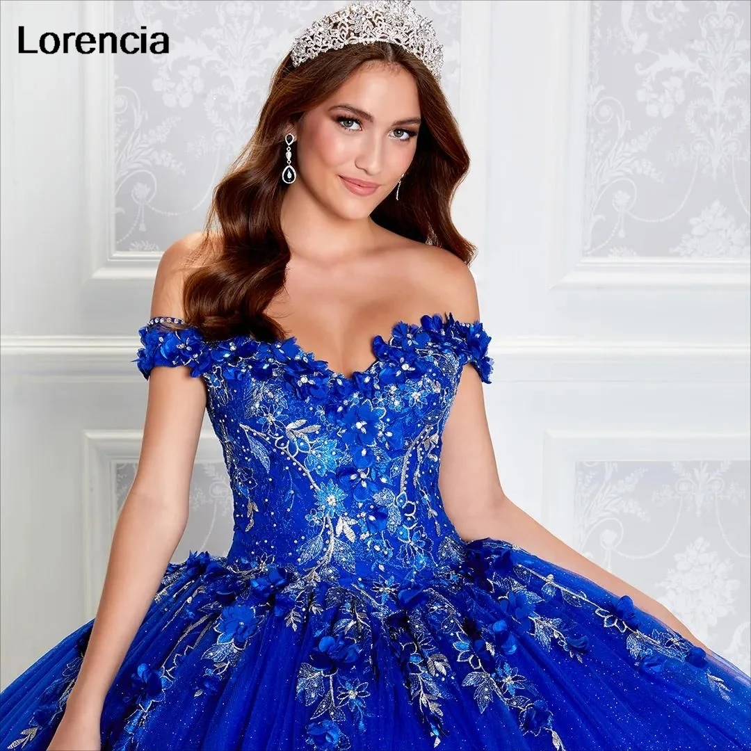 Lorencia Glitter Royal Blue Pink Quinceanera Dress 3D Flower Lace Applique Beading With Cape Sweet 16 Vestidos De 15 Años YQD663