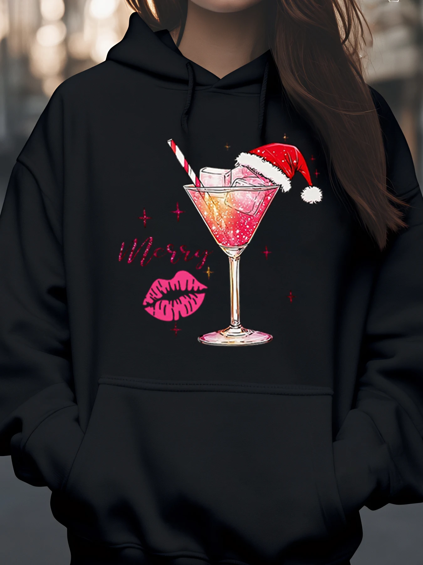 

Merry Christmas Cocktail Print Hoodie Holiday Party Wear Women