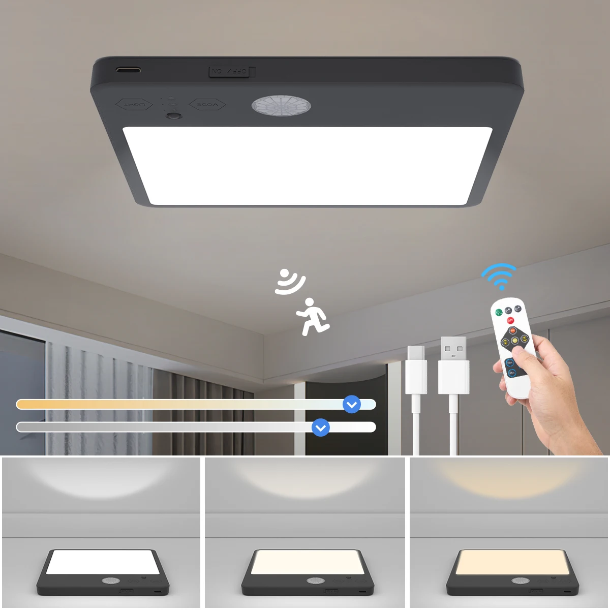 Rechargeable motion sensor ceiling light, auto-sensing night light, cordless LED cabinet light for bedroom, hallway, staircase