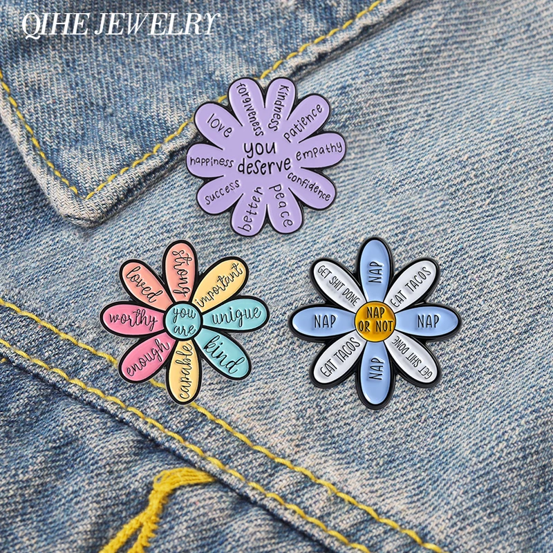 Motivierende Blumen-Brosche, Emaille-Anstecknadeln, ermutigende Zitate, du bist genug, starke Brosche, Taschen-Revers-Abzeichen, Geschenk für Freunde