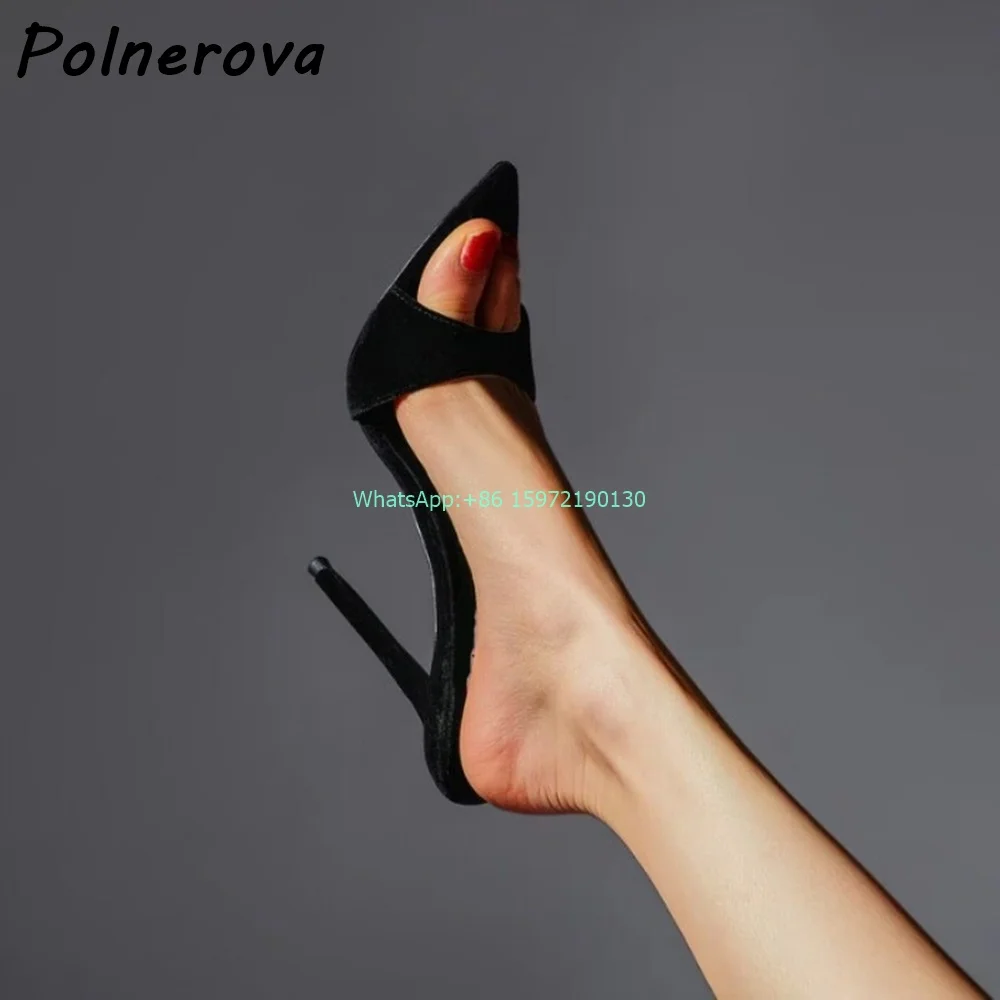 

Suede black Runway Sandals Pointy Toe Thin Heels Slip On Slingback Slippers Sexy Ladies Elegant Party Concise Stiletto Shoes