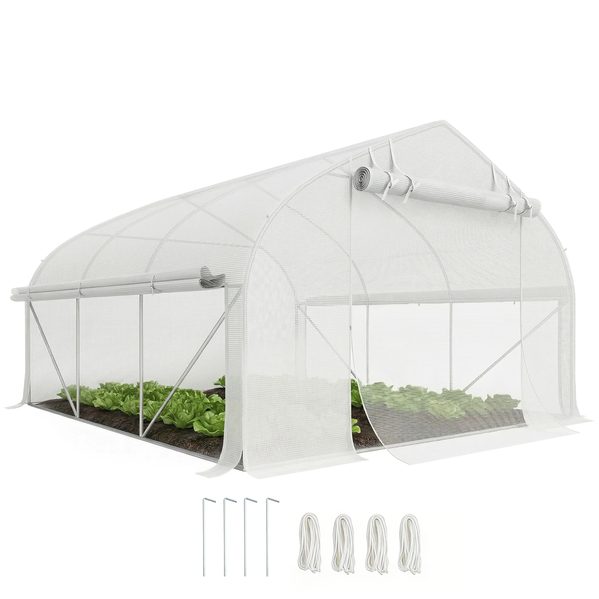 Outsunny Tunnel Greenhouse with Mesh Doors and Roll-Up Side Walls, White Greenhouse