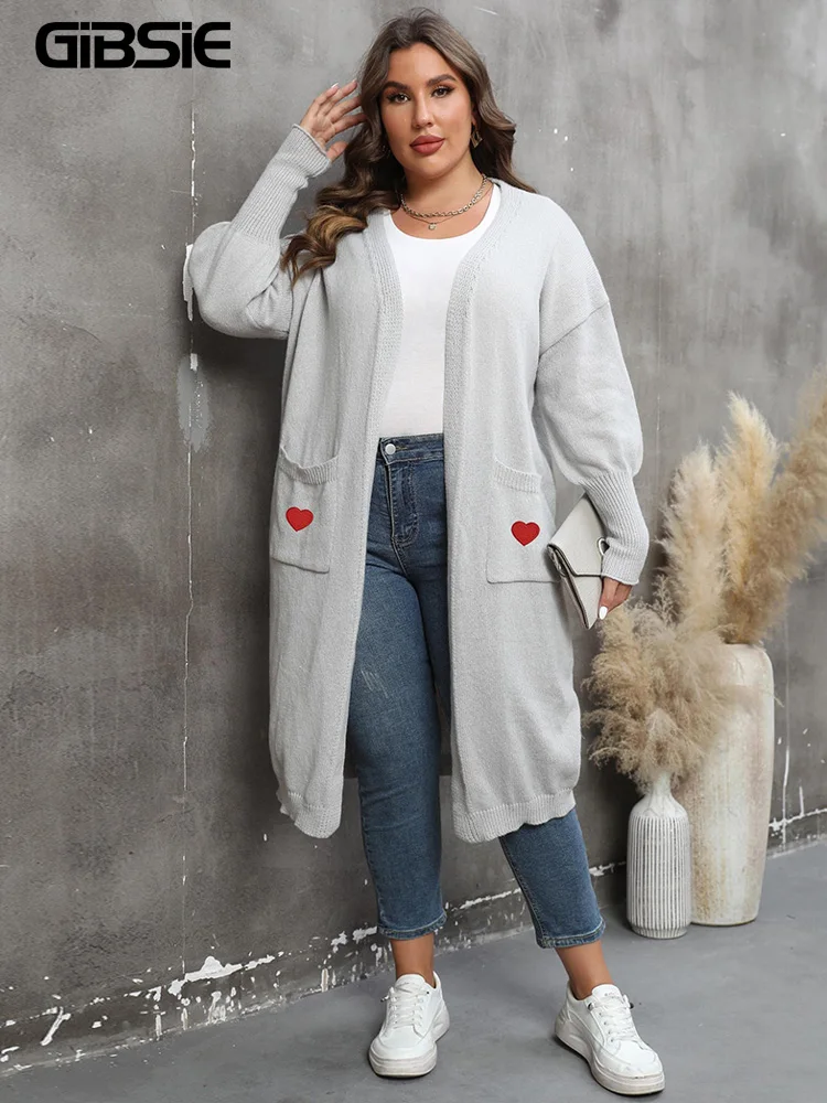 GIBSIE Plus Size Womens Casual Heart Embroidery Long Cardigan Autumn Winter Pocket Long Sleeve Knitted Sweater Coat For Woman