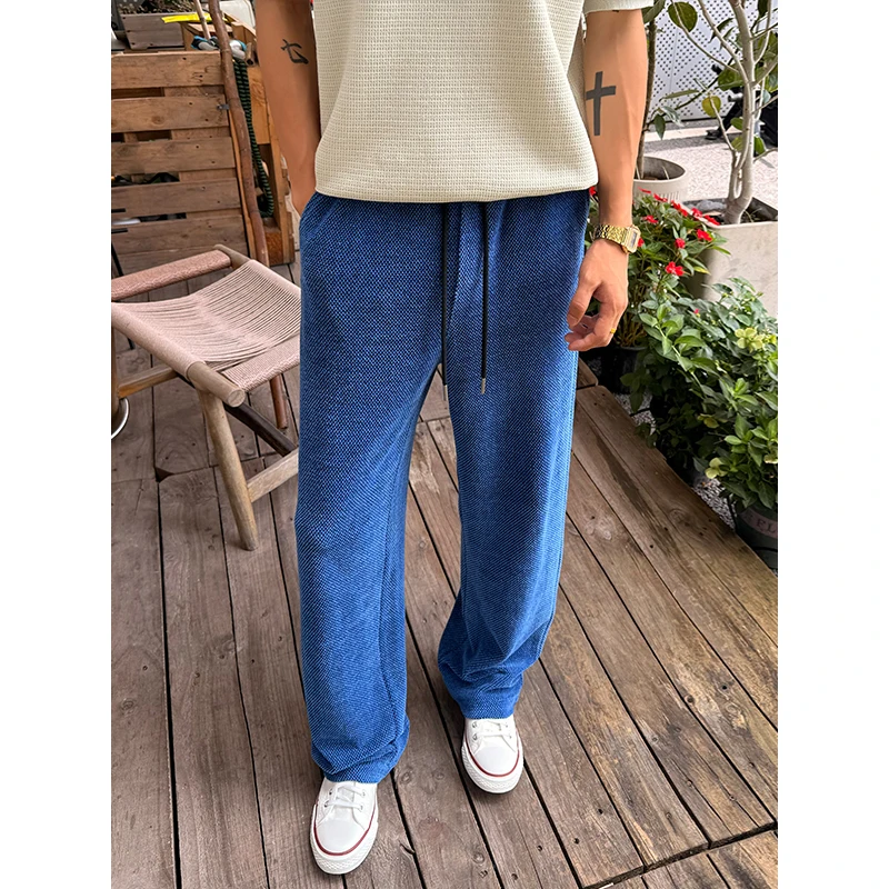 Men American Drawstring Straight Casual Pants Summer Autumn Lightweight Daily Long Trousers