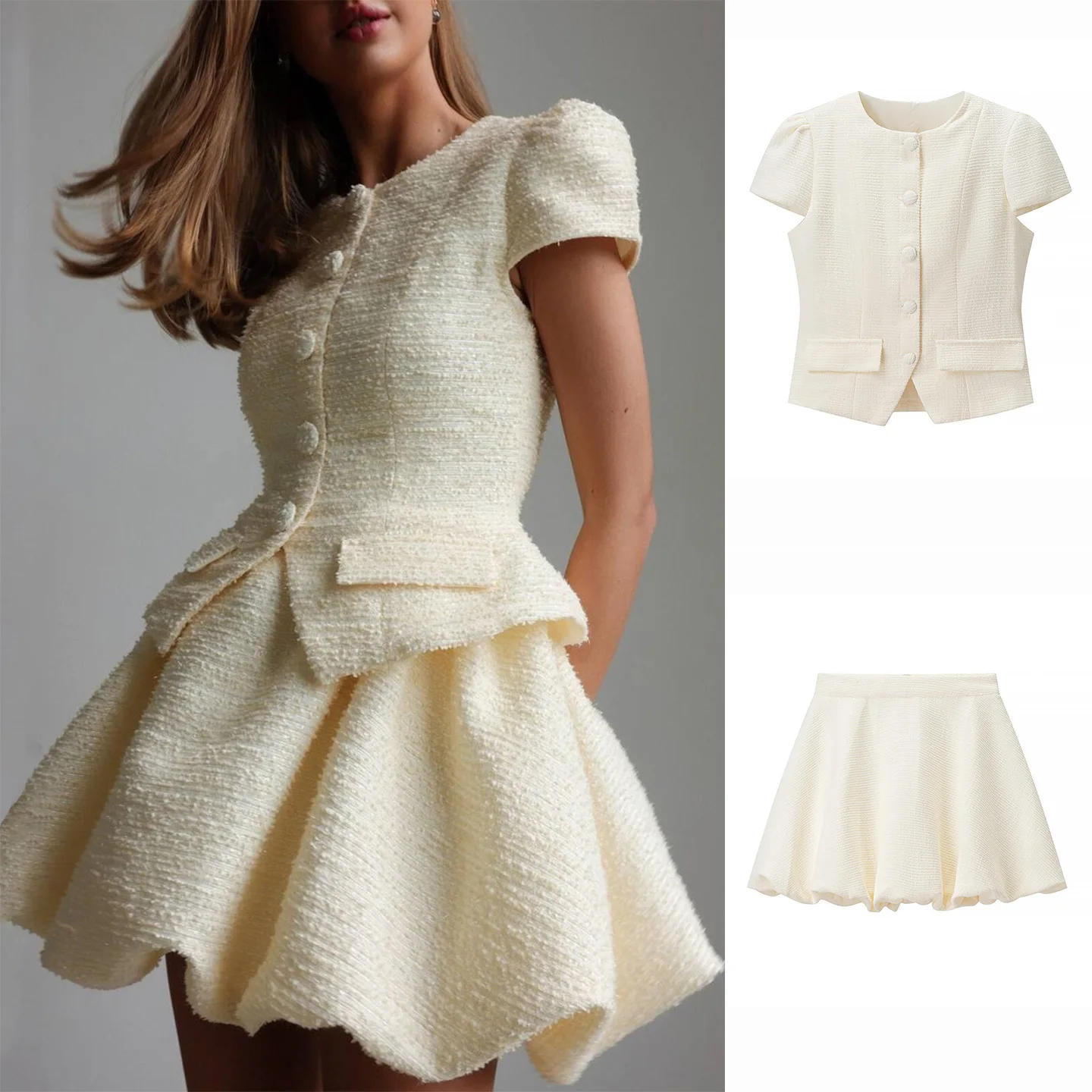 

Fall New Arrival Women's Faion Set round Ne ort Sve Top + High Waist Flower Bud Skirt Two-Piece Suit French S...