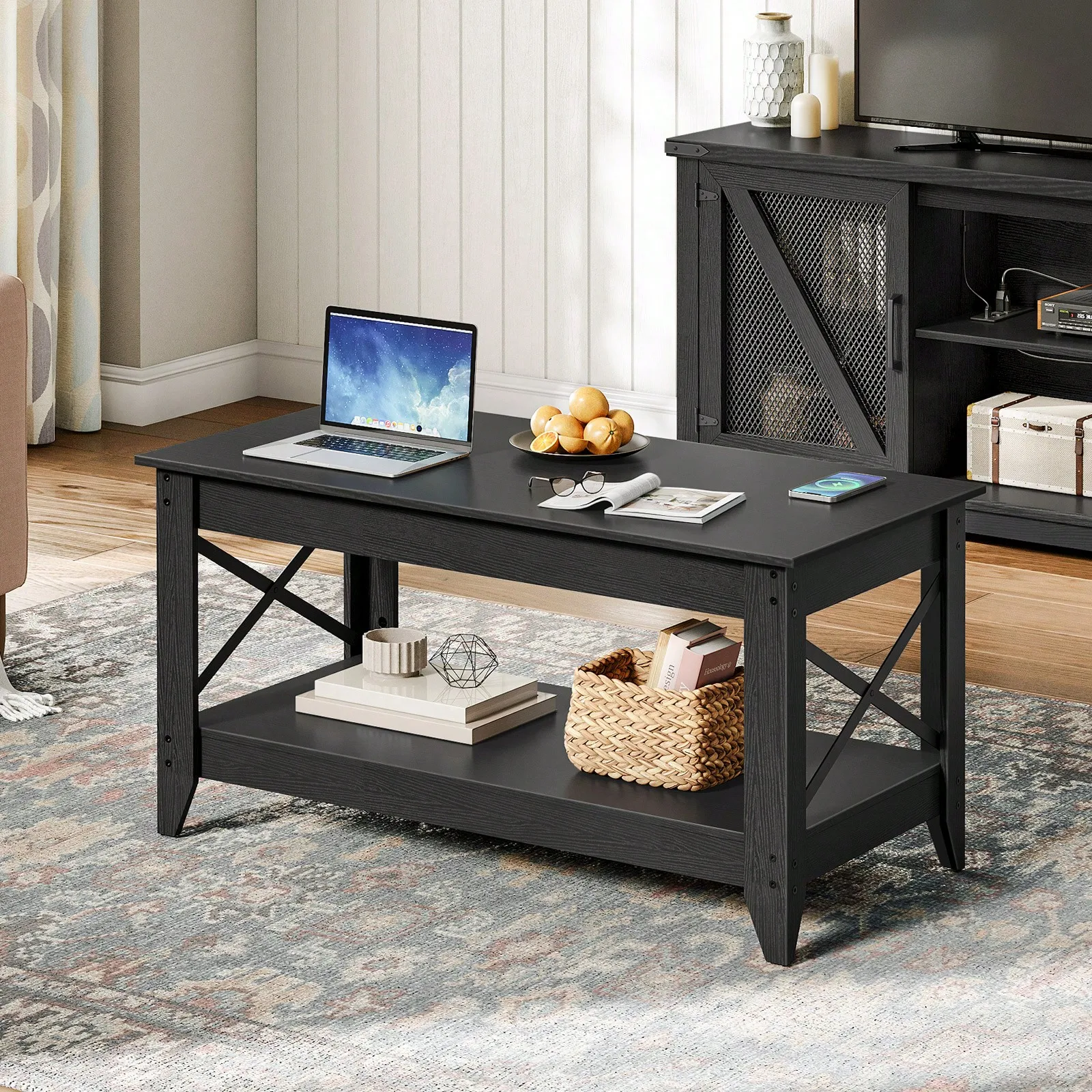

Coffee Table, 2-Tier Cocktail Table, Center Table, Living Room Table With 2 Storage Shelves And X-Shaped Side Frames, Coffee Tab