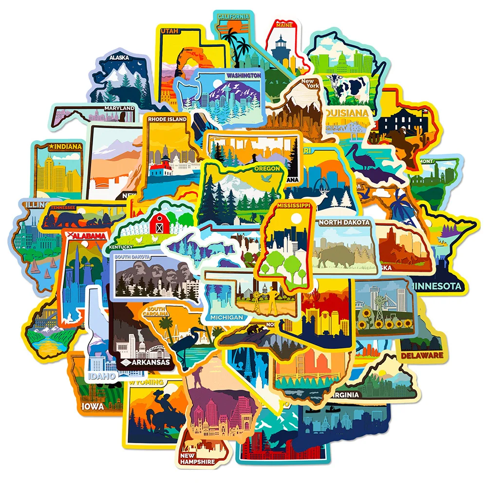 10/30/50PCS US States Cities Map Cartoon Sticker DIY Phone Laptop Luggage Skateboard Graffiti Decals Fun for Kid Gift