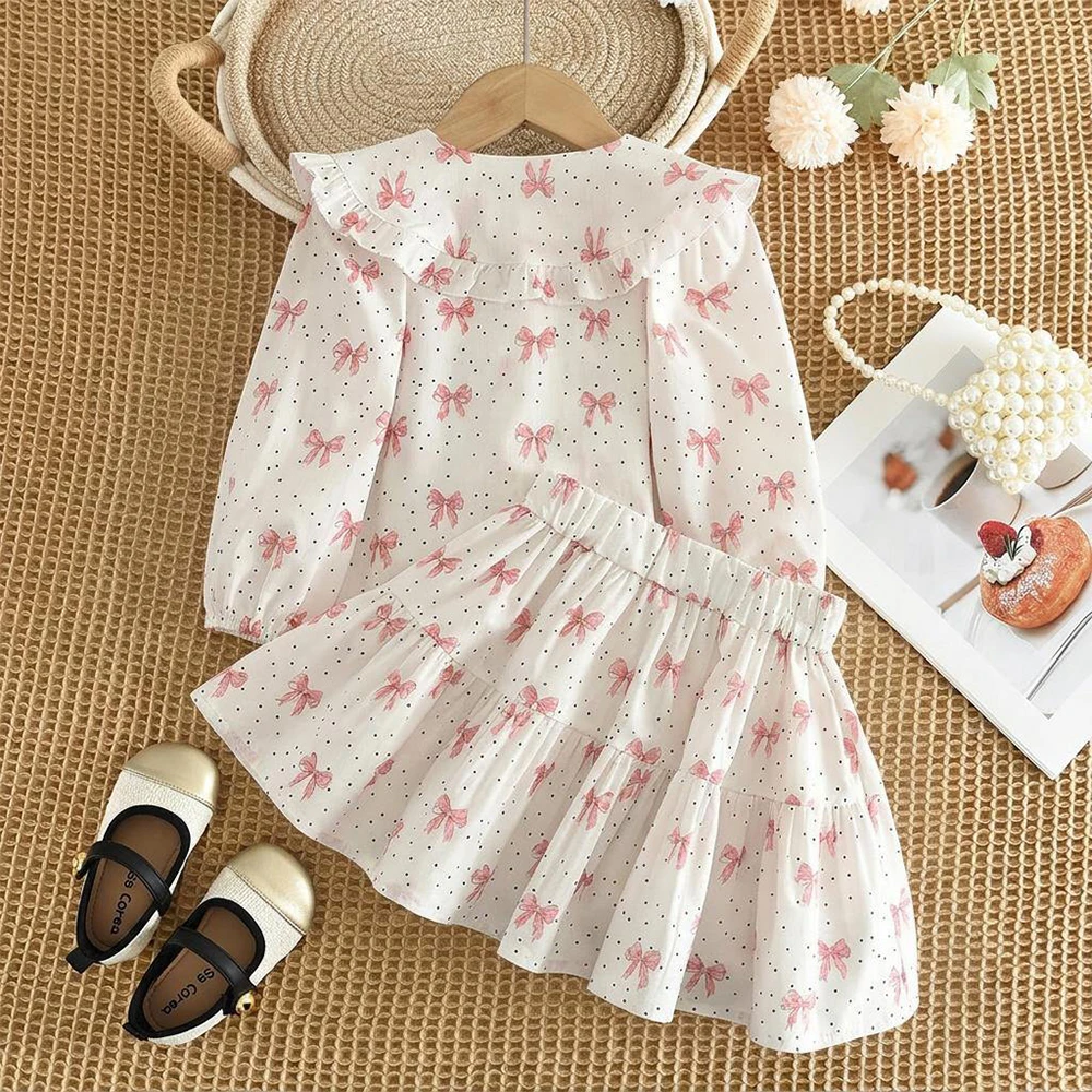 Autumn New Children's Two-piece Set Pink Bow Dot Print for Girls' Clothing Spring Long Sleeved Lapel Top + Short Skirt