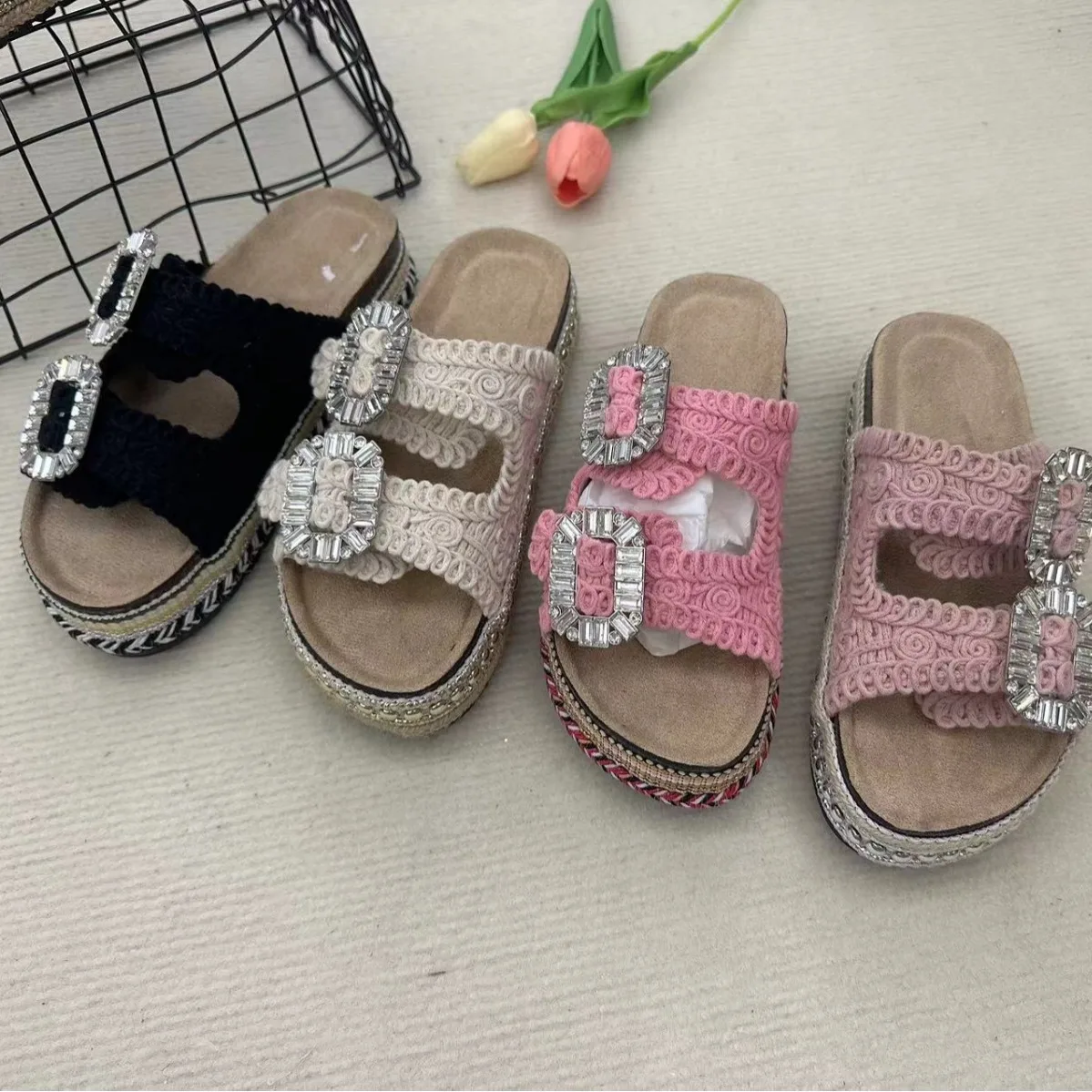 2024 Cork Slippers New Thick Bottom Hemp Rope Double Buckle Diamond Buckle Cork Beach Slippers Large Women's Slippers