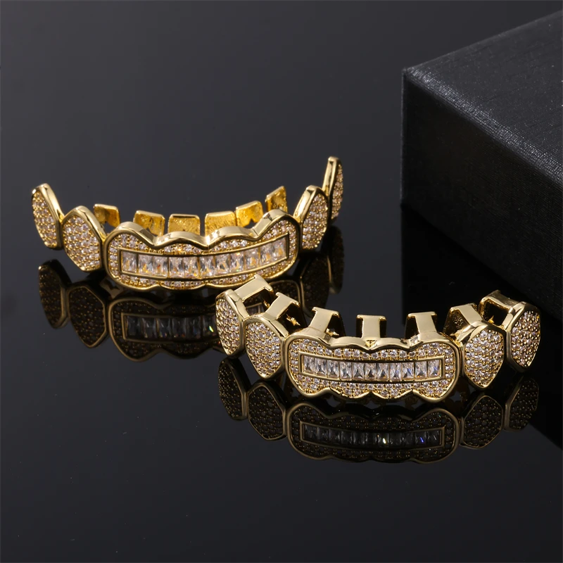 Hip Hop Full CZ Baguette Stones Teeth Grillz Caps Cubic Zircon Iced Out Micro Pave Top&Bottom Charm Grills For Men Women Jewelry