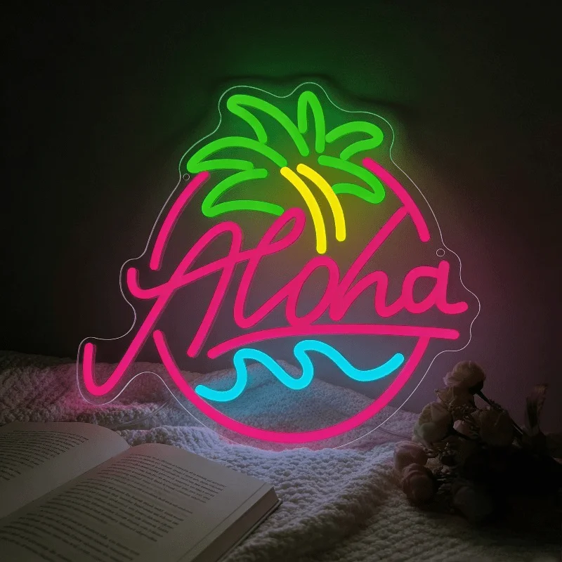 Aloha Neon Sign USB Dimmable LED Tropical Wall Light for Beach House Hotel Pool Party Bbq Shop Living Room Summer Party Decor