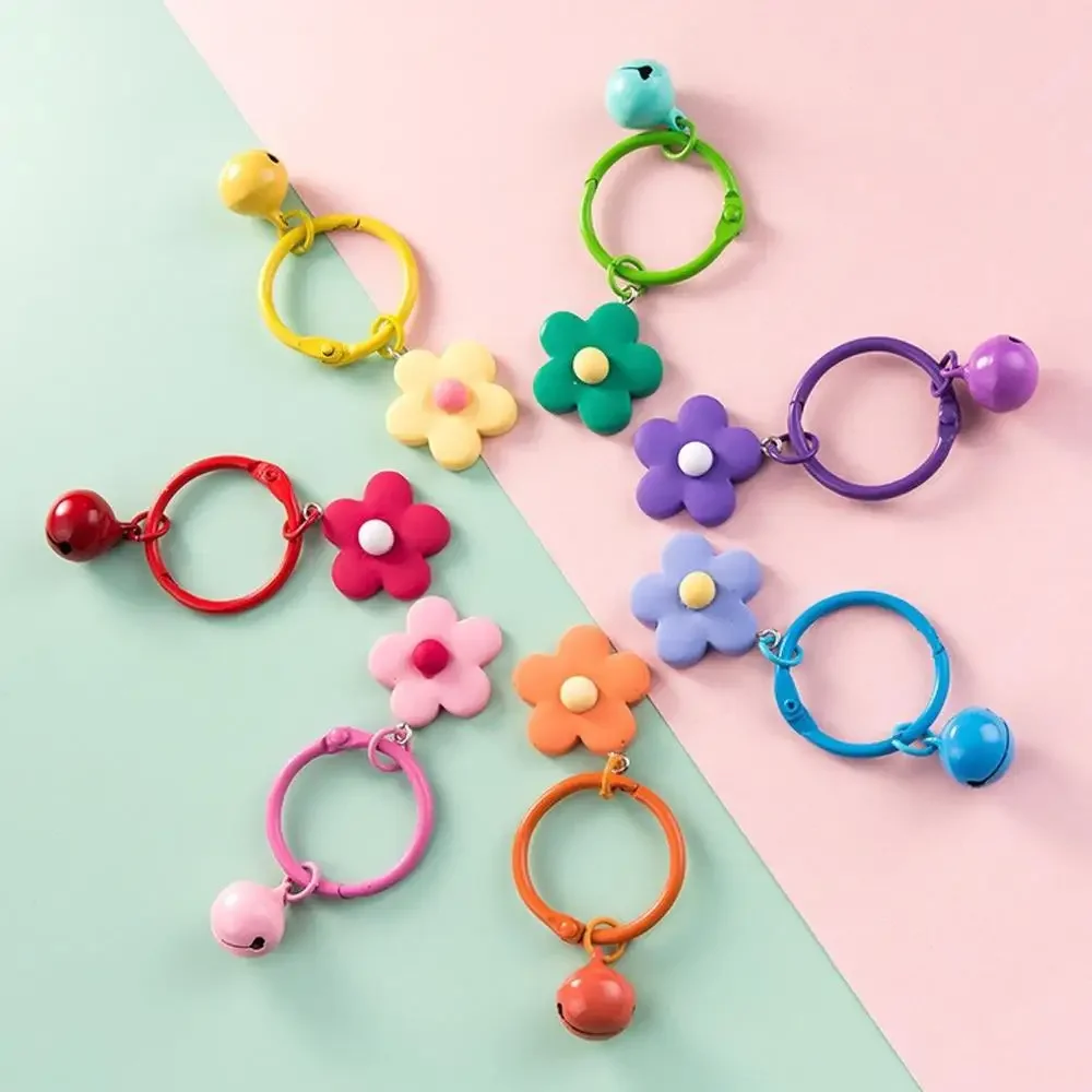 Candy Color Flower Keychain With Bell Sweet PVC Floral Charms Key Ring Women Girls Earphone Case Bag Ornament Accessories