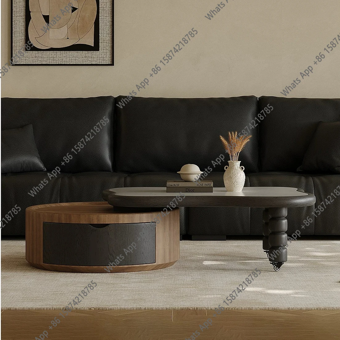 Medieval retractable coffee table living room home retro advanced sense design sense microcrystalline stone special-shaped