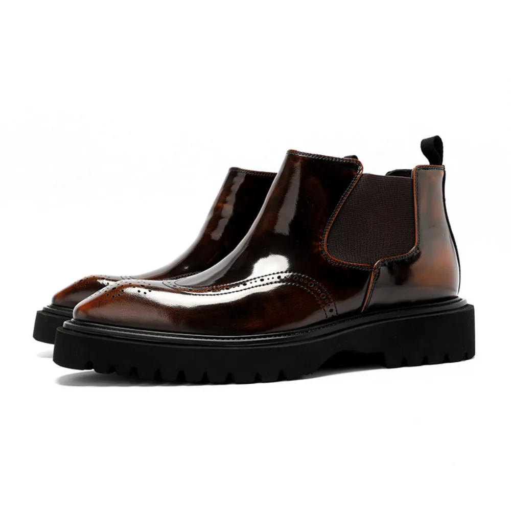 Premium Genuine Leather Men Brogue Boots High Quality Glossy Upper Wingtip Carved Square Toe Ankle British Style Dress Boots