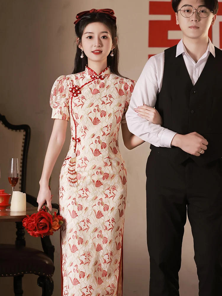 

Young Bride's Slimming Engagement Dr Traditional Chinese Wedding Gown ort Sve Floral Print Retro Sle