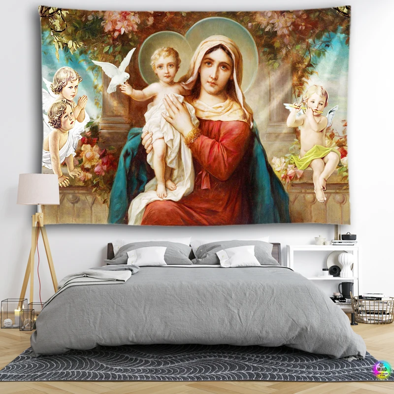 Mother of God Mary Tapestry Jesus Wall Decor  Medieval Decoration Hanging Room For Bedroom Vintage Macrame Angel Mural Aesthetic