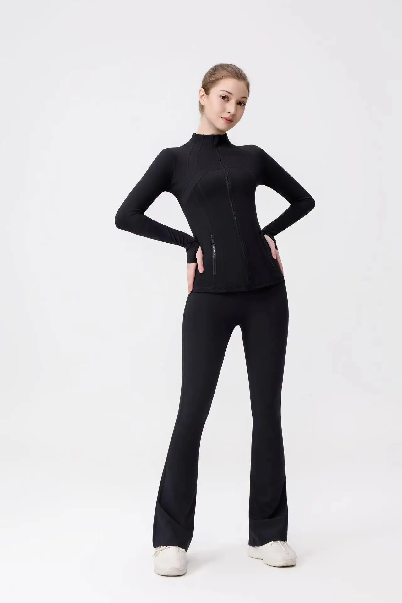 مجموعة LU الجديدة الملونة المكونة من قطعتين: سروال نسائي صغير واسع وسترة بياقة واقفة، بدلة رياضية عالية الخصر للتحكم في البطن