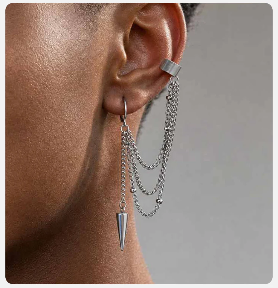 Vnox Edelstahl Mehrschichtige Ketten-Ohrklemme Creolen für Herren Punk Kegel-Spike Hängeohrringe Knorpel-Clip Schmuck Geschenk – Detail 3