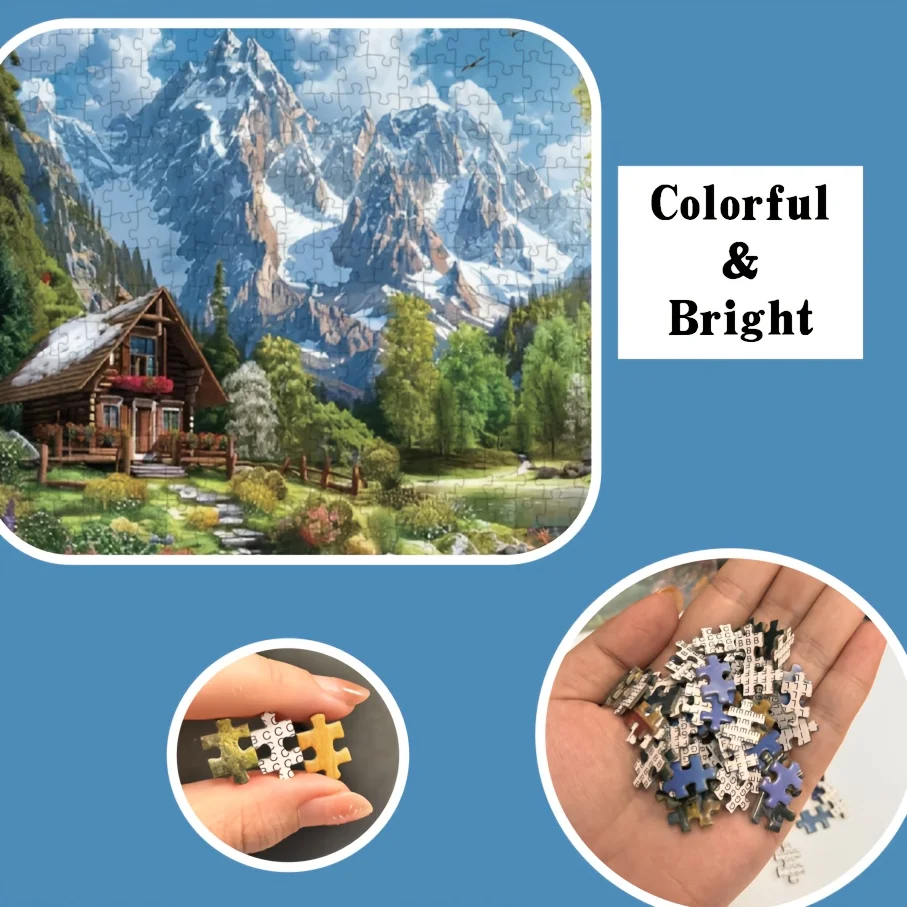 Een mini-puzzel - Villa aan het meer en sneeuwgekapte berglandschap, levendige papieren puzzel voor volwassenen, perfect voor Pasen, 1 april