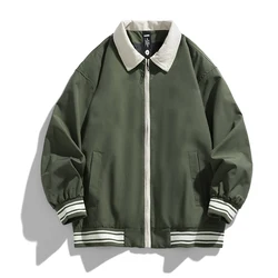 Men's Spring Autumn Solid Turn-down Collar Zipper Pockets Screw Thread Lantern Long Sleeve Cardigan Jacket Coats Casual Tops
