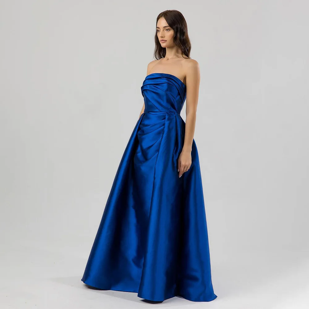 

Dark Royal Blue Satin Prom Dresses for Women A Line Strapless Elegant Formal Evening Gowns Long Side Split Sleeveless Party Gown