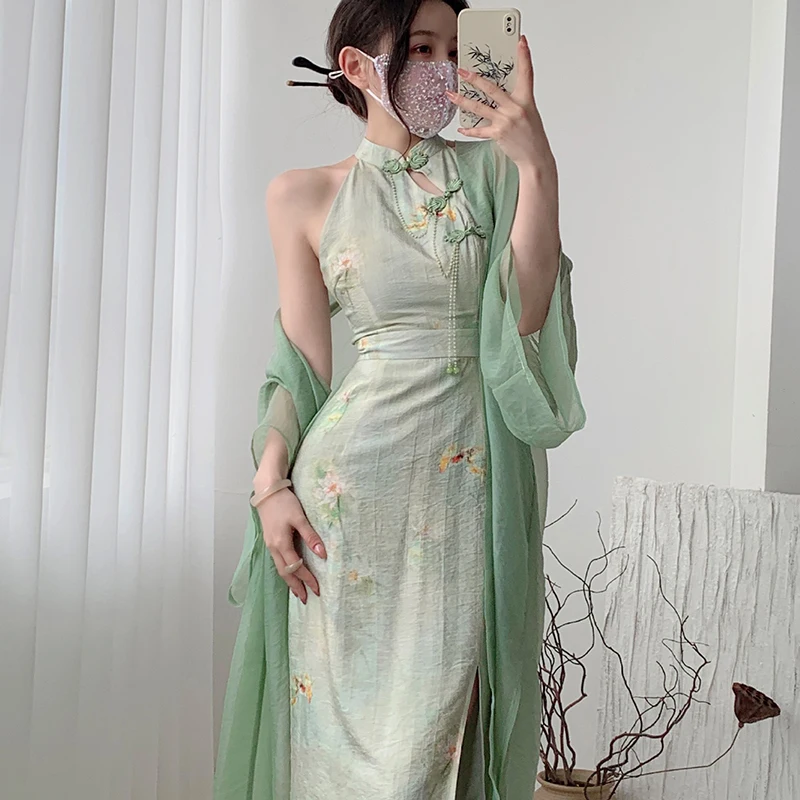 

Summer Women Sleeveless Sexy Split Qipao Elegant Print Flower Chinese Dress Retro Traditional Oriental Clothing Cheongsam