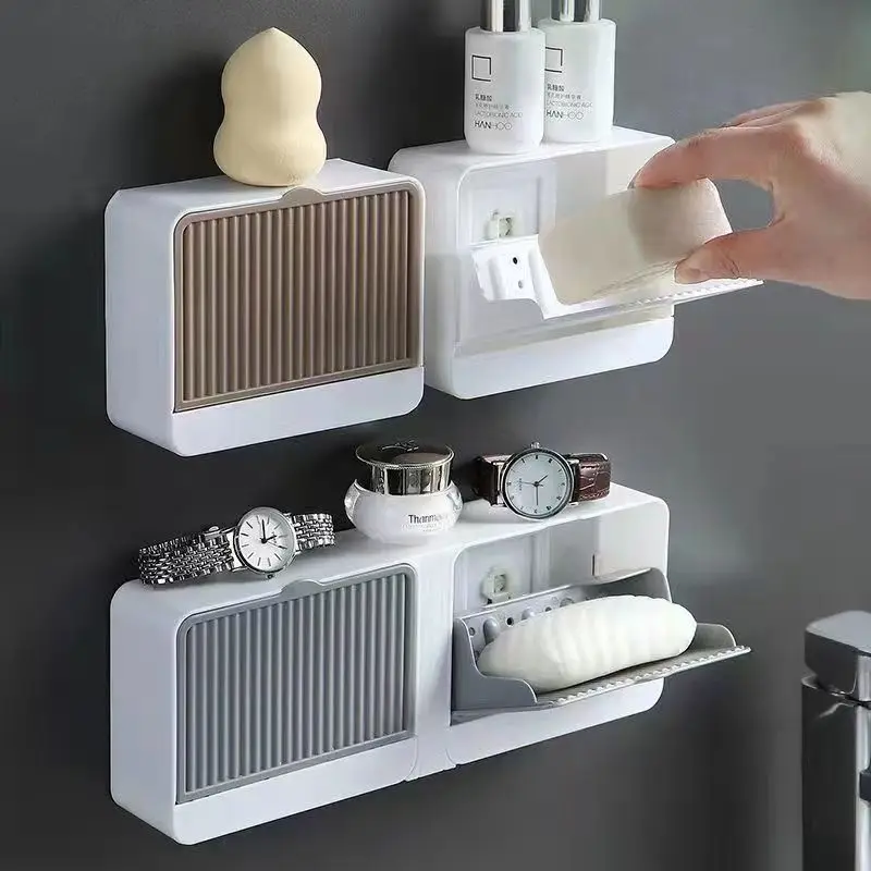 Soap Dish Drain Double Grid Soap Holder Box MultiFuction Punch-free Vertical Wall-Mounted Soap Box with Lid Without Perforation