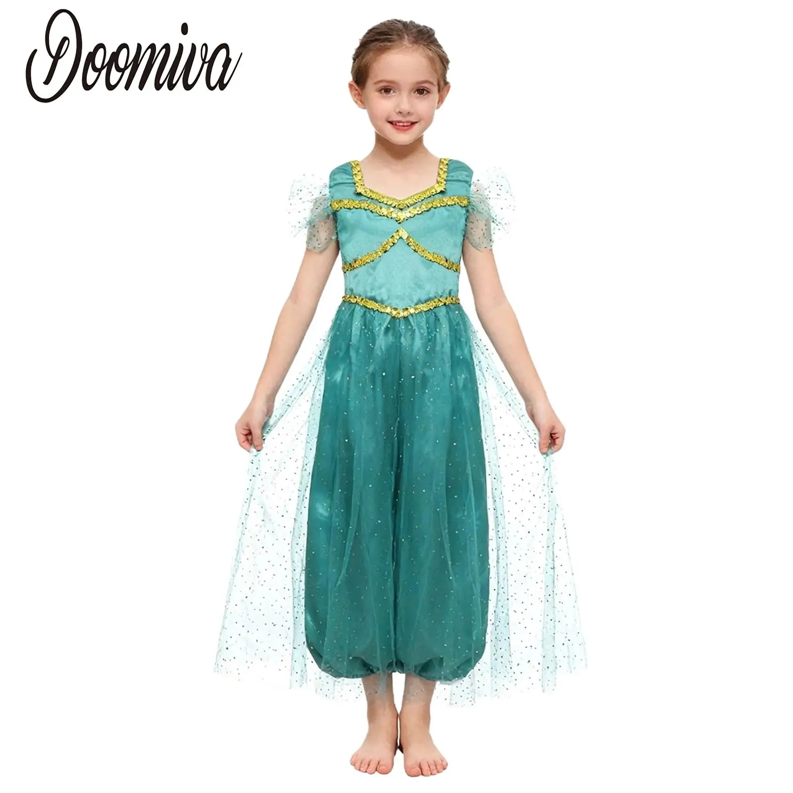 

Girls Halloween Arabian Princess Fancy Costumes Animated Movie Character Role Play Dresses Sequins Bodysuit for Dress-up Party