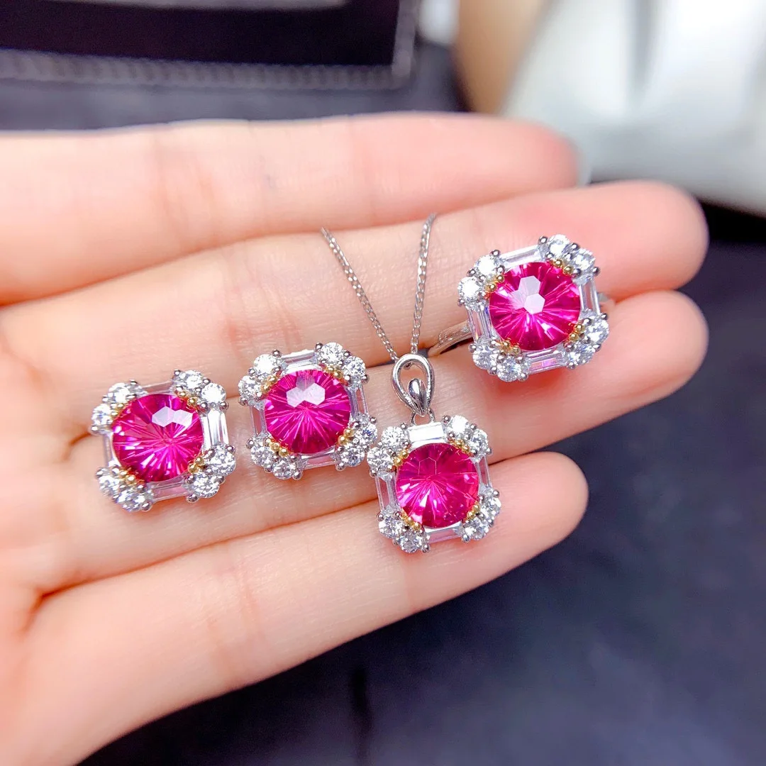 2-Karat-Aquamarin, Rubin-Set Ring-Anhänger-Ohrringe, Geeignet für Damen-Verlobungsschmuck – Detail 9