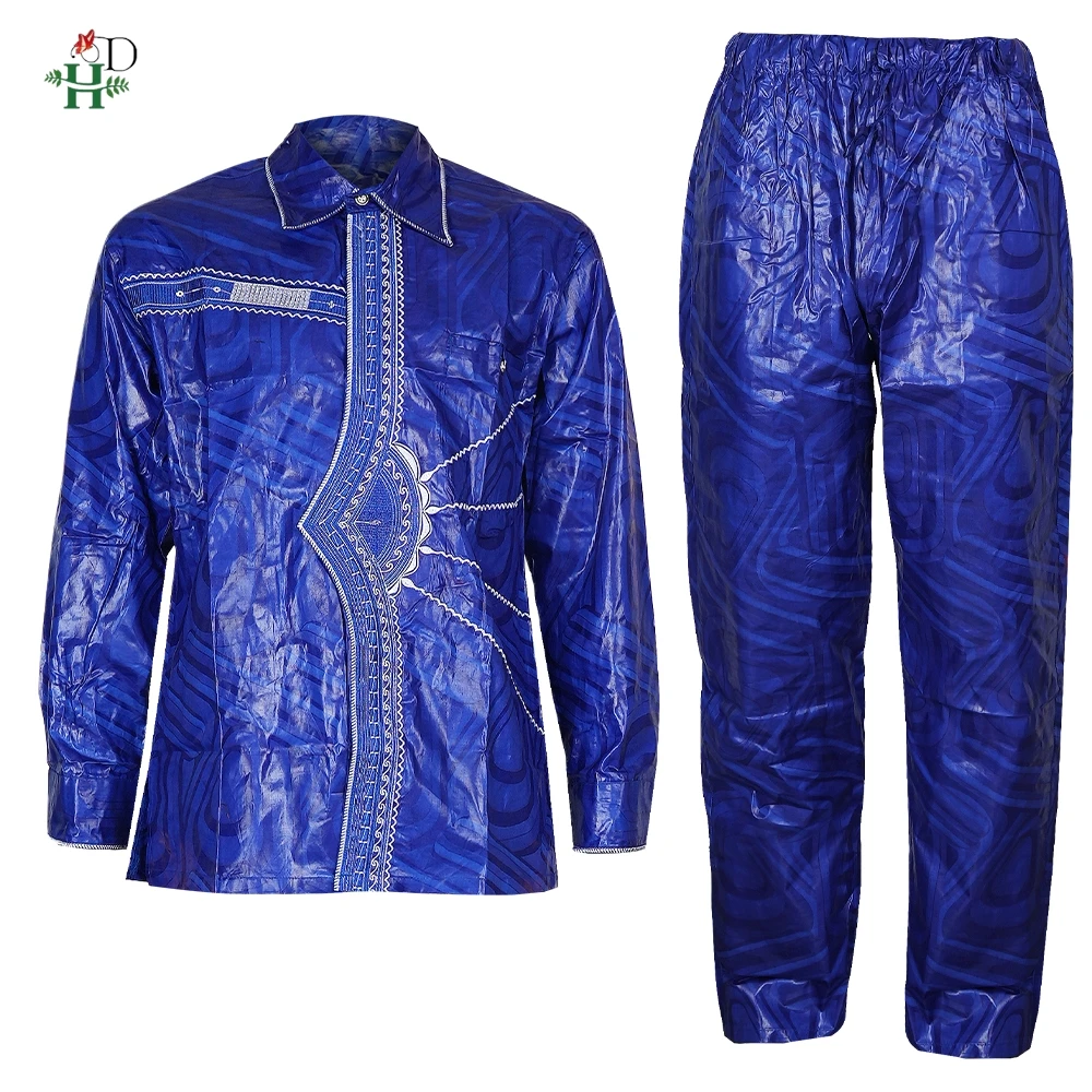 H&D African Mens Clothing Traditional Ankara Dashiki Men Shirt Embroidery 2 Piece Shirt Trousers Fashion Print Bazin Blue view 6