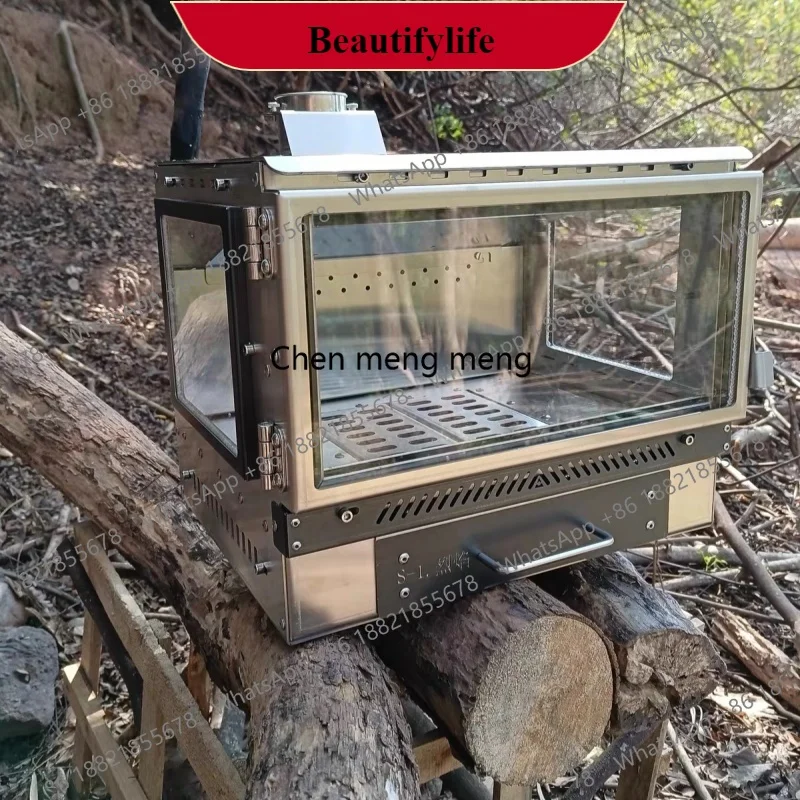 

z189 Outdoor Wood Stove Tent Heater Stainless Steel 3 Glass Fire Observation Fireplace Brazier with Chimney Camping Furance New